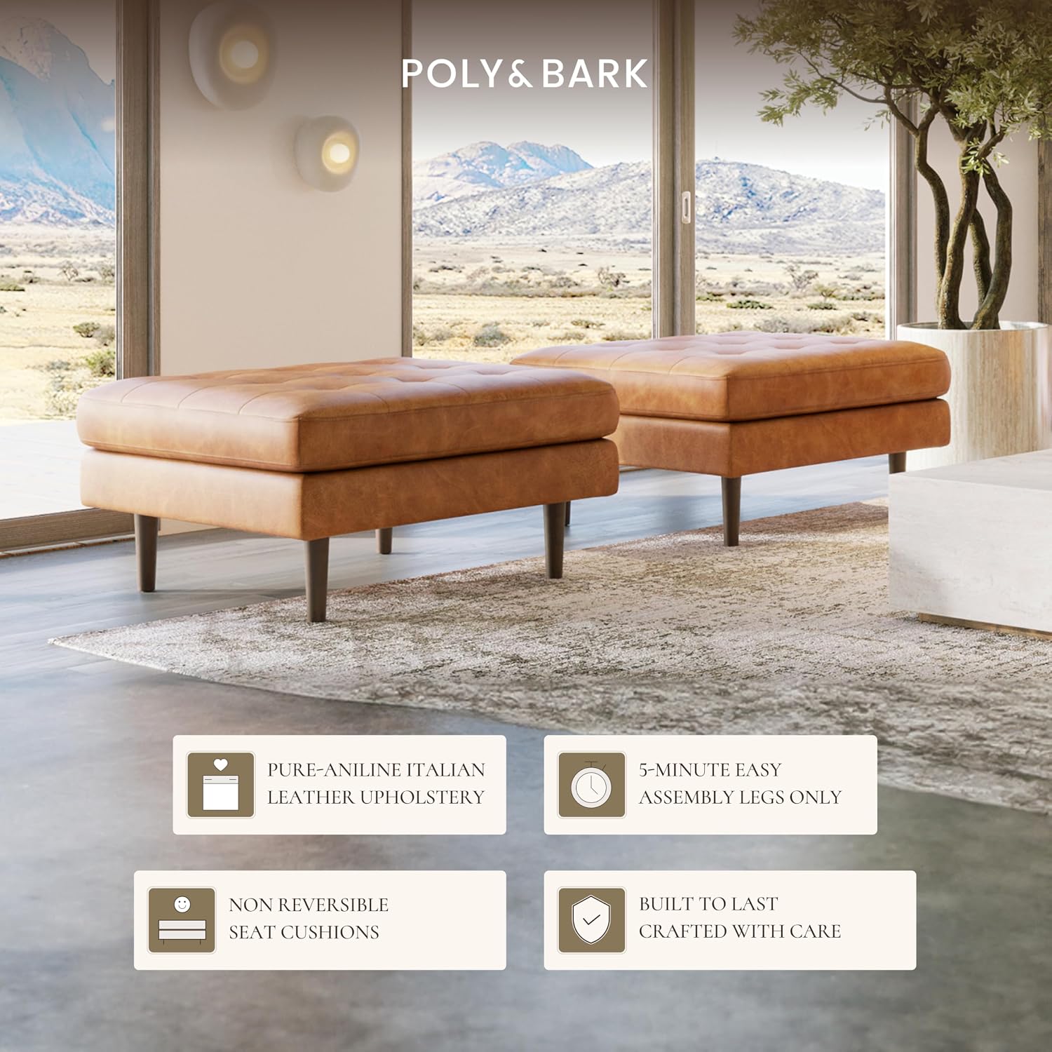 Poly & BARK Napa Ottoman - Full-Grain Leather Upholstered Ottoman with Feather-Down Topper - Couch for Living Room - Vintage Italian Leather in Cognac Tan