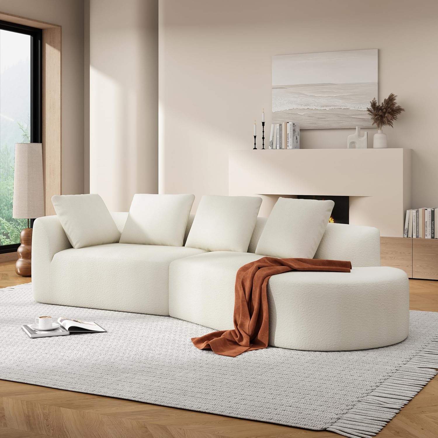 Christopher Knight Home Randa Modern Fabric Upholstered 5-Seater Sofa, Oversized Chair Cloud Couch, Fully Assembled Long Sofa Chaise Lounge, Fully Assembled, Milky White