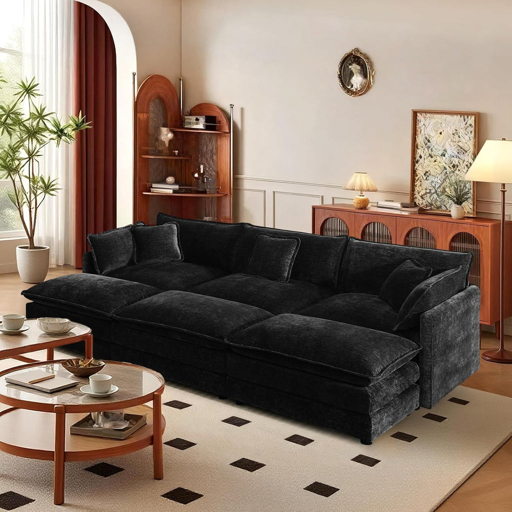 SoarFlash Chenille Sectional Sofa, Comfy Modular Coush Sofa with Ottoman, Modern 3 Seat Recliner Deep Seat Sofa Set for Living Room,Black
