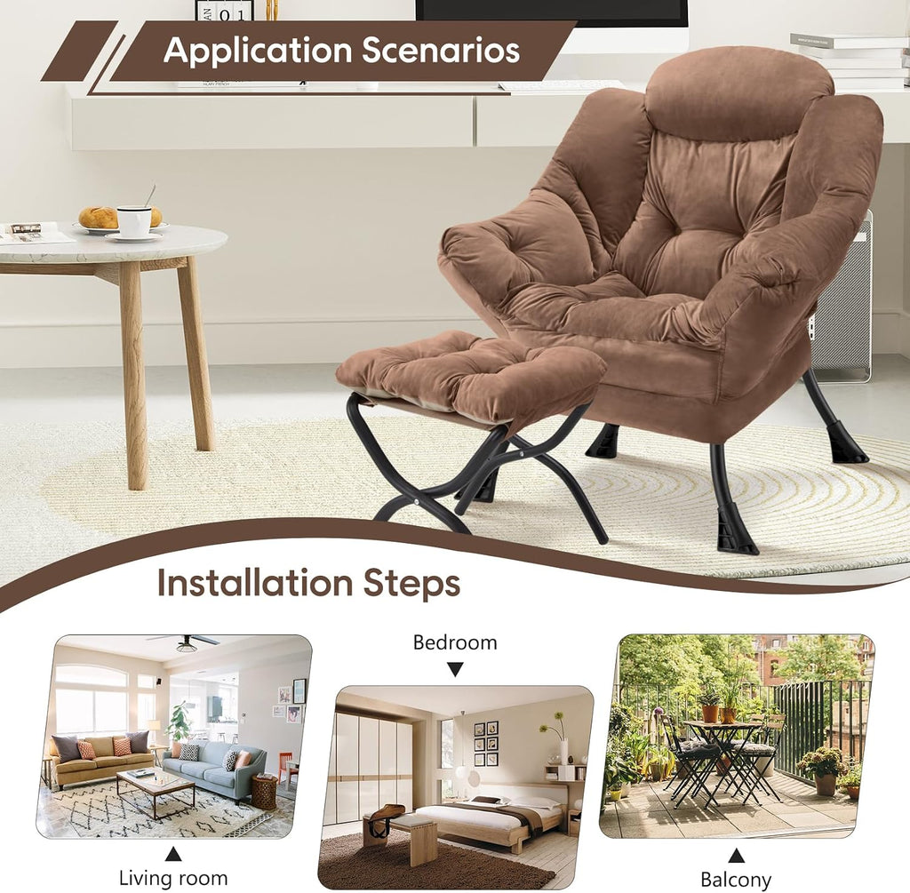 Lazy Chair with Folding Ottoman Modern Large Accent Chair,Contemporary Lounge Leisure Sofa Chair with Armrests Upholstered Sofa Armchair Reading Chair for Bedroom,Dorm & Office(Dark Brown-f)