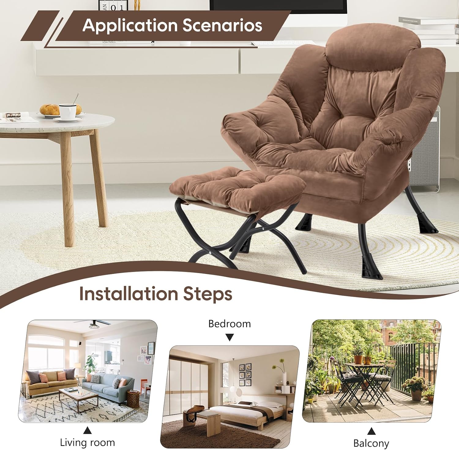Lazy Chair with Folding Ottoman Modern Large Accent Chair,Contemporary Lounge Leisure Sofa Chair with Armrests Upholstered Sofa Armchair Reading Chair for Bedroom,Dorm & Office(Dark Brown-f)