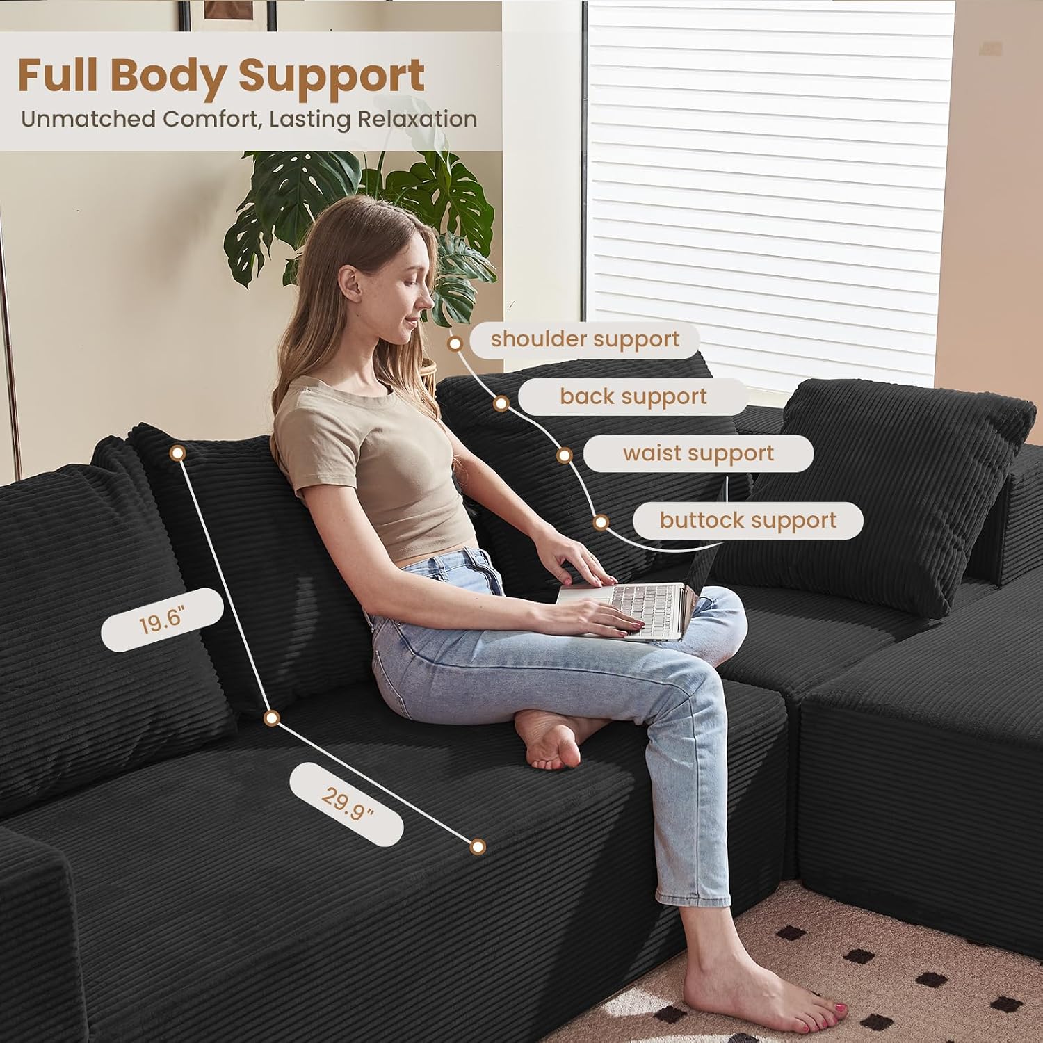 108' L-Shaped Boneless Couch, Modular Sectional Sofa with Moveable Ottoman, Corduroy Cloud Couches for Living Room, No Assembly, Ship in a Box, Black