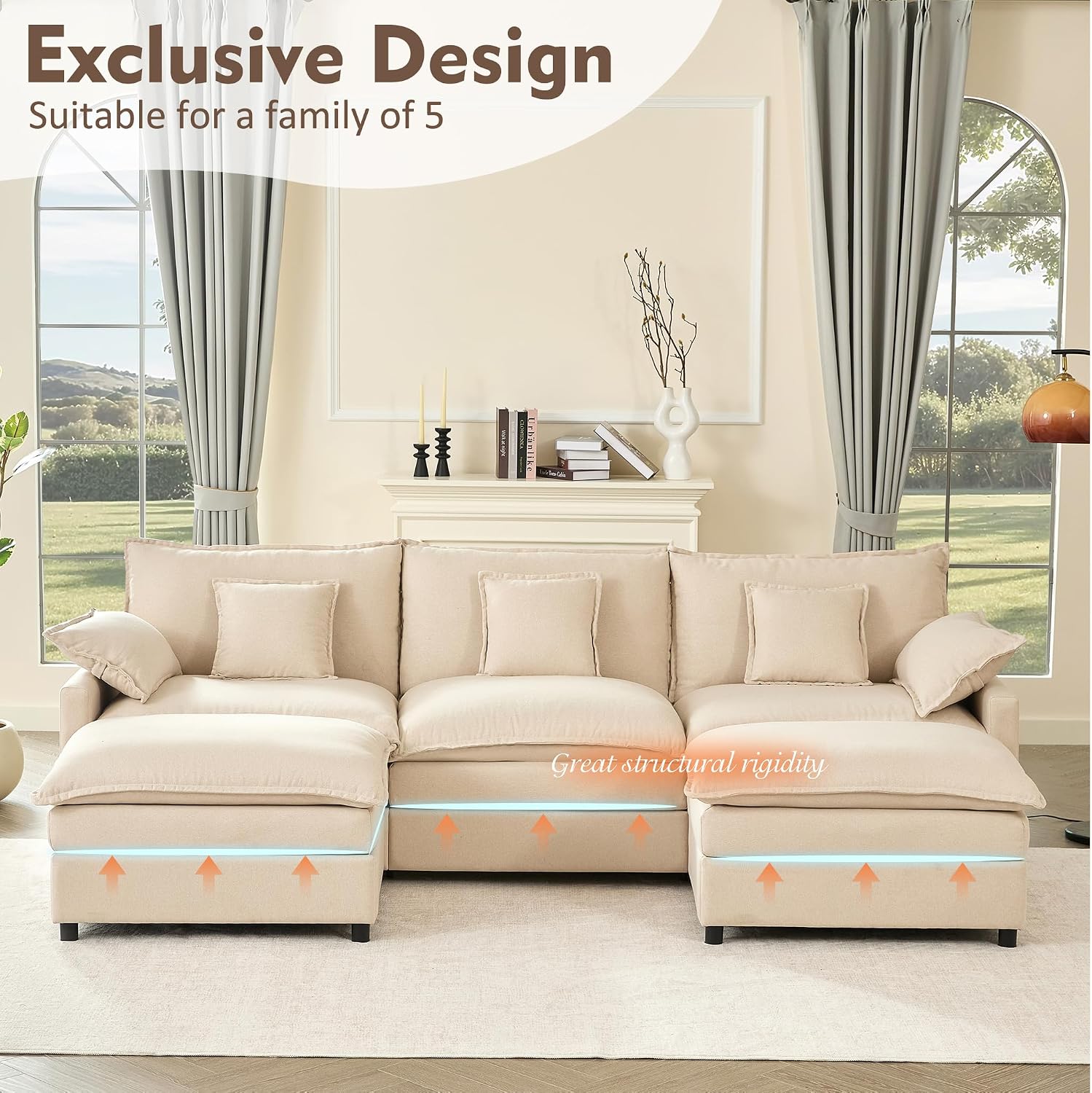 GOSUHI 108' U Shaped Couch, Modular Sectional Sofa, 3-Seater Comfy Cloud Couch, Set of Modular Pieces with Movable Ottoman, Deep Seat Couches for Living Room, Linen, Beige