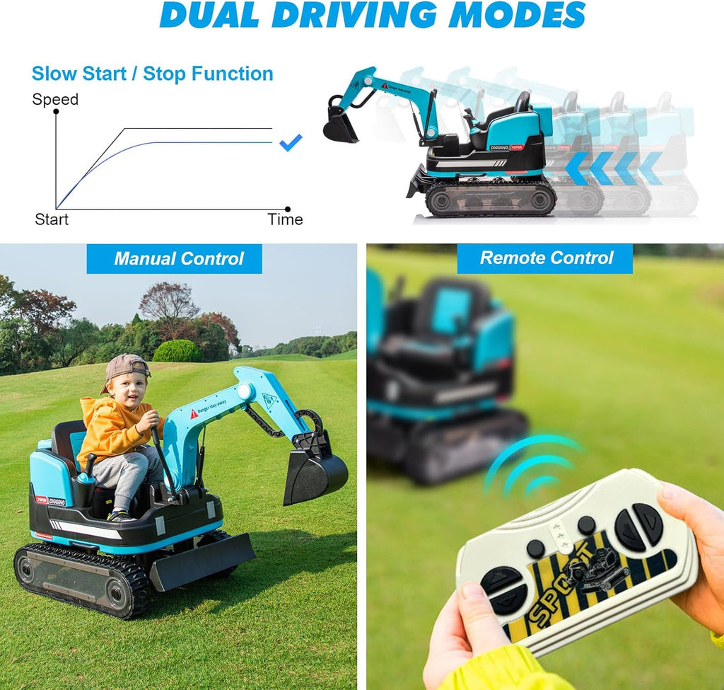 JOYLDIAS 360 Degree Rotating Ride On Excavator and Bulldozer,12V12AH Battery Powered Ride On Toy Backhoe W/Track Design Wheels for All Terrain,Remote Control,MP3,Toolbox for Kids,Parent,Blue