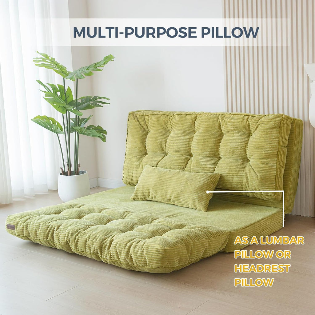 MAXYOYO Folding Sofa Bed, Tufted Bean Bag Bed with Pillows Floor Mattress for Adults, Extra Thick and Long Floor Sofa, Twin Couch for Bedroom Living Room, Green, 39x91 Inch