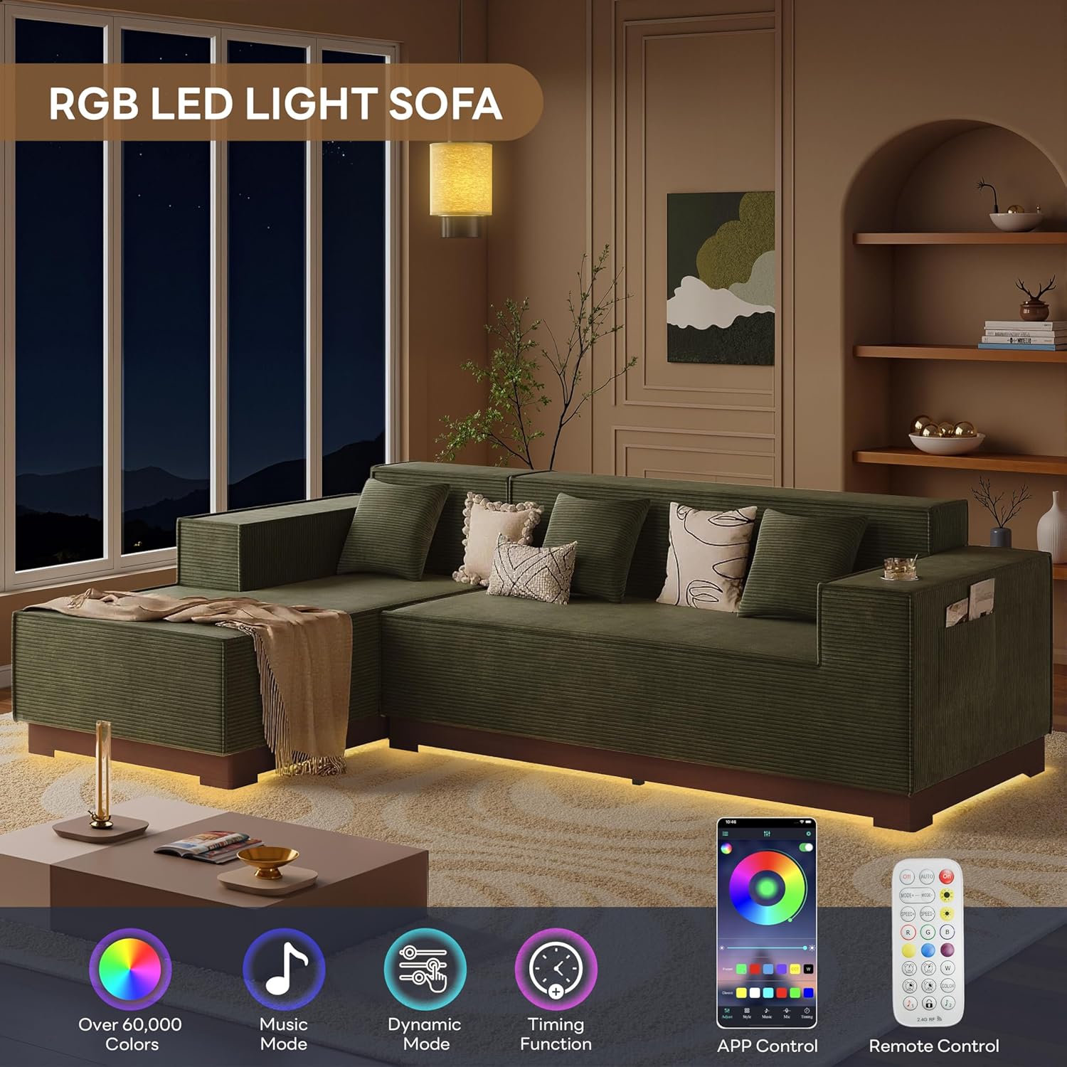 LIKIMIO 110-Inch L-Shaped Sofa Couch | LED Lighting