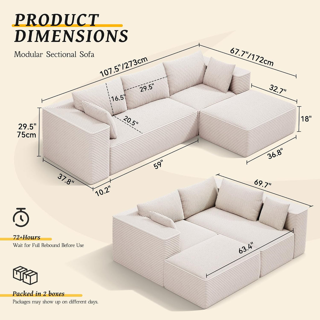 DWVO 108' Modular Sectional Couch with L-Shape Chaise, Modern Cloud Sectional Sofa with Deep Seat, Upholstered Couches for Living Room Bedroom, No Assembly Required, Beige