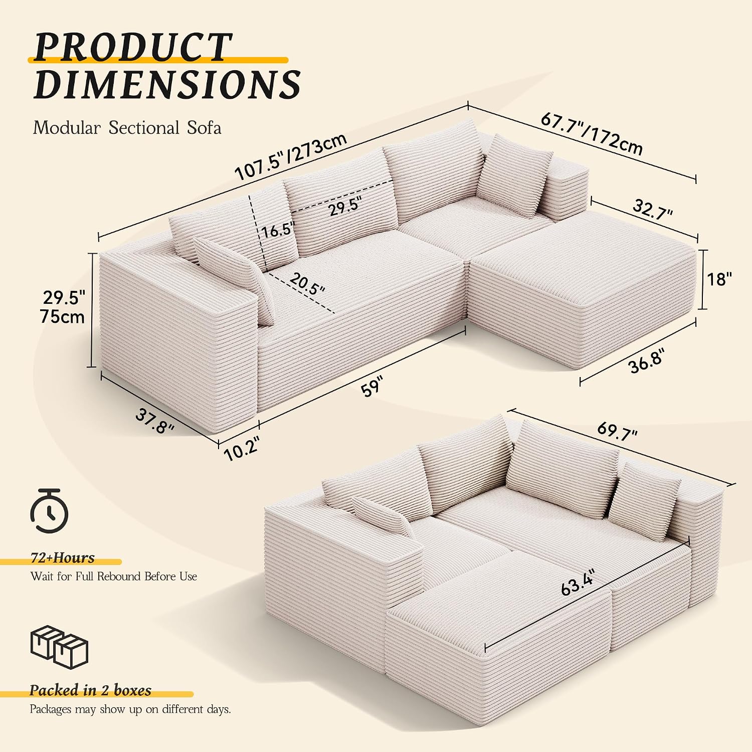 DWVO 108' Modular Sectional Couch with L-Shape Chaise, Modern Cloud Sectional Sofa with Deep Seat, Upholstered Couches for Living Room Bedroom, No Assembly Required, Beige
