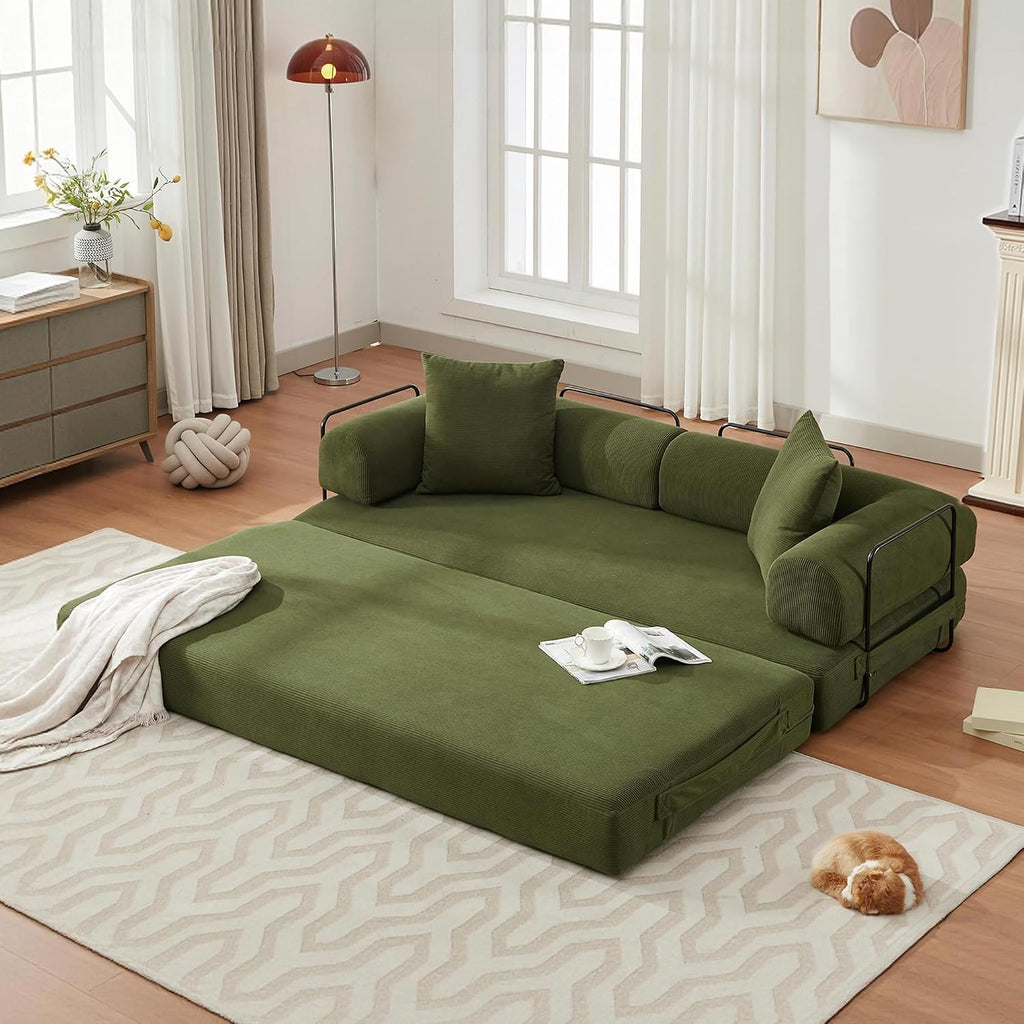 ZEIINPA Convertible Sleeper Sofa Bed with Cylindrical Pillow, Corduroy Folding Mattress Couch with Fixed-Shape Frame, Floor Sofa Lounge Couch for Living Room Bedroom Lounge Studio-Green