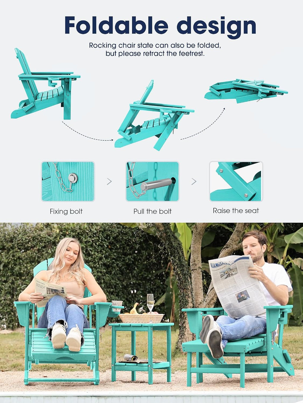 KINGYES Adirondack Rocking Chair with Retractable Ottoman and Cup Holders, HDPE Adirondack Rocker Patio Rocking Chair for Porch, Patio, Balcony, Aqua Blue
