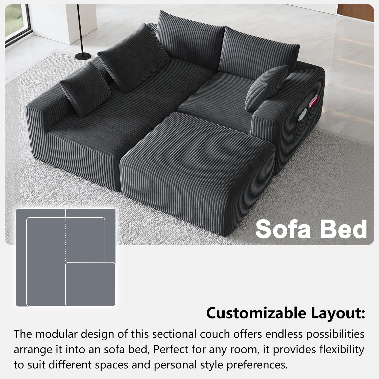 108' Cloud Couch Modular Sectional Sofa for Living Room,L Shaped Boneless Couch with Deep Seat Chaise,No Assembly Required Foam Sleeper Sofa for Apartments,Plush Corduroy Fabric, Dark Gray