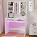 Hadulcet 35.5' Small Vanity Desk with Mirror and Lights, White LED Makeup Vanity Desk with 2 Acrylic Drawers, 6 Storage Shelves and Power Outlets for Girls Women Dressing Room