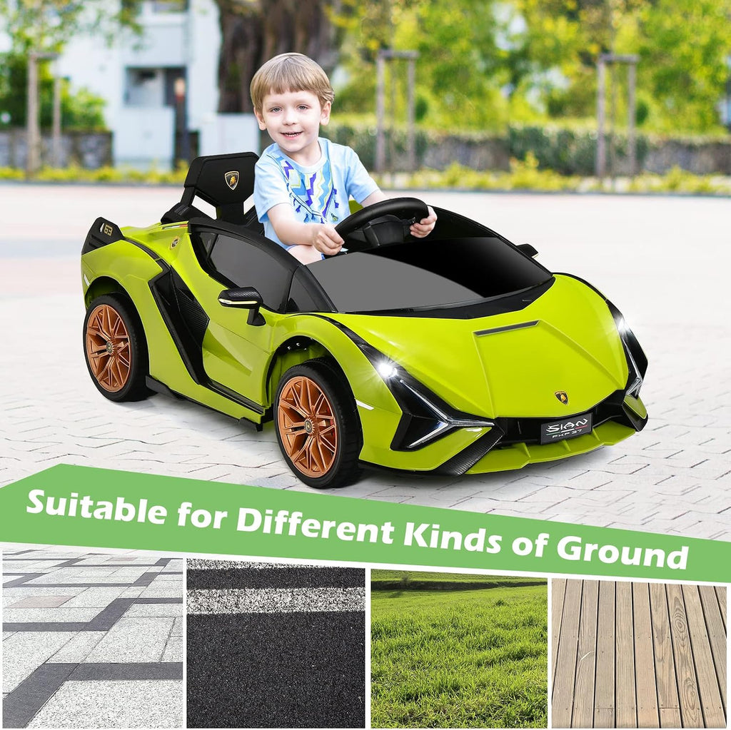 INFANS 12V Licensed Lamborghini Sian Kids Ride On Car with Parent Remote Control, Spring Suspension, MP3 Player, Electric Toy Roadster Carbon Fiber Textured for Toddler (Green)