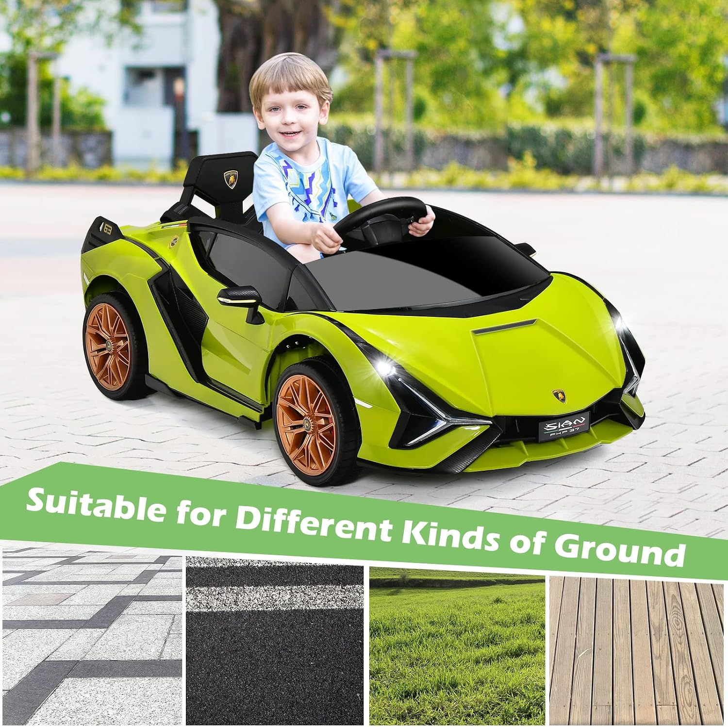 INFANS 12V Licensed Lamborghini Sian Kids Ride On Car with Parent Remote Control, Spring Suspension, MP3 Player, Electric Toy Roadster Carbon Fiber Textured for Toddler (Green)