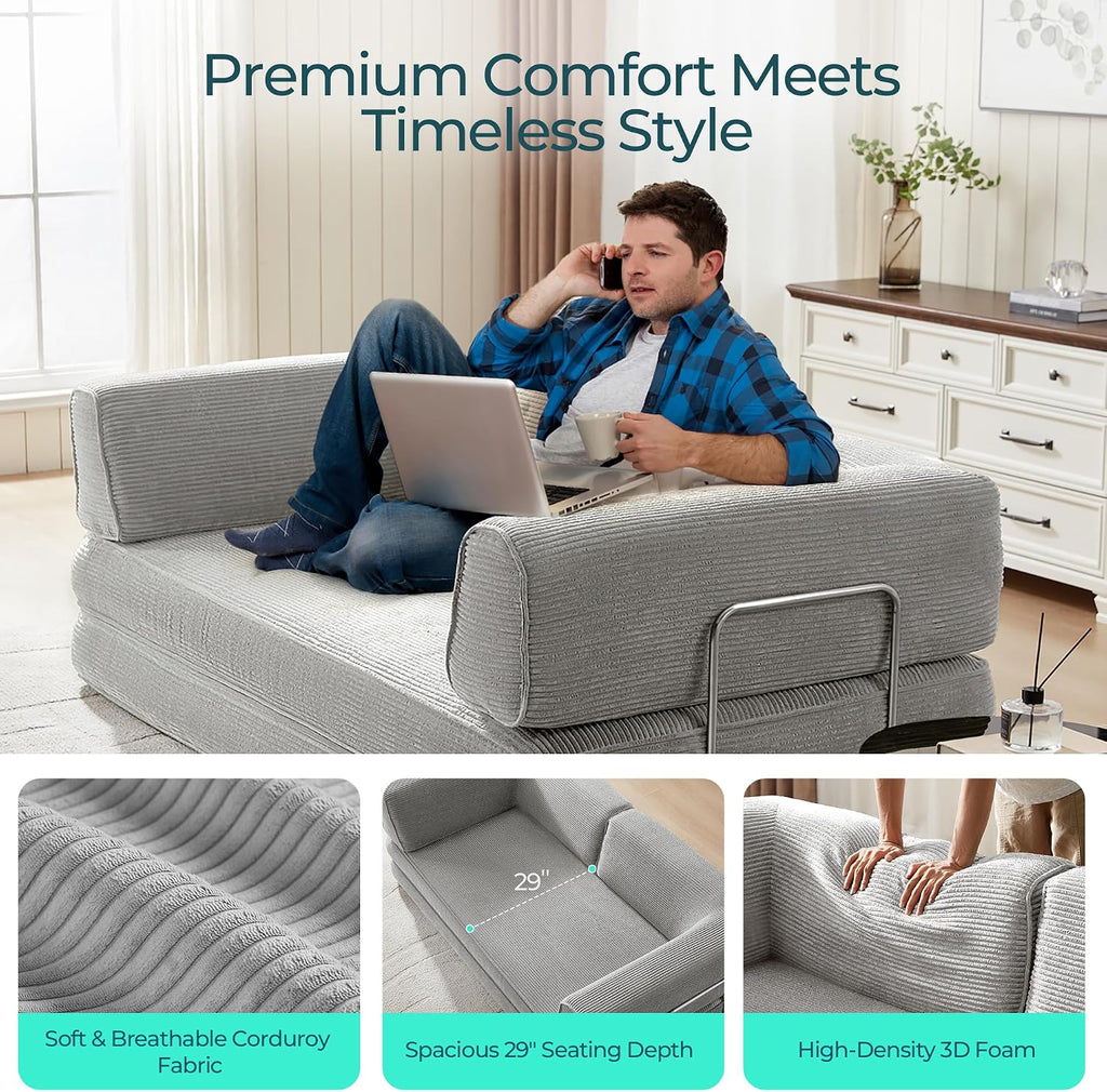 LINSY HOME 79'' Convertible Sofa Bed - Sleeper Sofa Compression Folding Loveseat Sleeper - Foldable Corduroy Couch Bed for Living Room Bedroom - Modular Sectional Compressed Sofa in Box, Grey