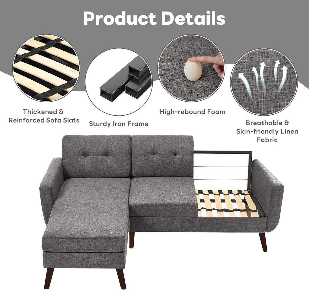 Tbfit L Shaped Couch Sofa, 80' W Mid-Century Modern Sectional Couches, 3 Seater Sofas with Wide Chaise Lounge, Button Tufted Upholstered Sectional Sofa for Living Room, Bedroom, Gray