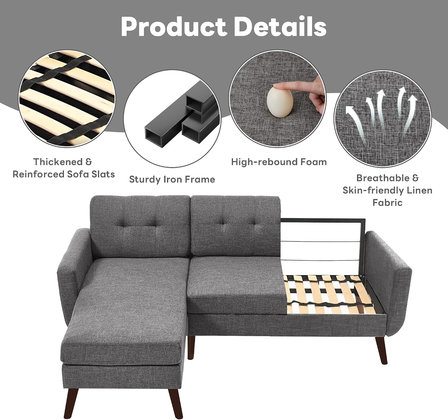 Tbfit L Shaped Couch Sofa, 80' W Mid-Century Modern Sectional Couches, 3 Seater Sofas with Wide Chaise Lounge, Button Tufted Upholstered Sectional Sofa for Living Room, Bedroom, Gray