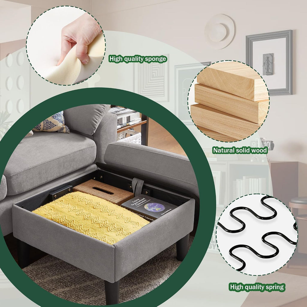 80' Convertible Sectional Sofa, Small L Shaped 3 Seat Couch with Reversible Storage Chaise, Modern Polyester Fabric Sofa Couches for Living Room, Apartment and Small Space, Light Grey