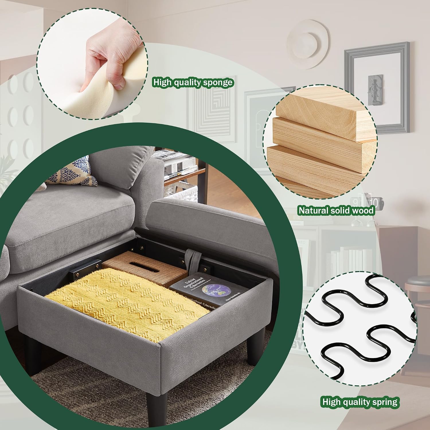 80' Convertible Sectional Sofa, Small L Shaped 3 Seat Couch with Reversible Storage Chaise, Modern Polyester Fabric Sofa Couches for Living Room, Apartment and Small Space, Light Grey