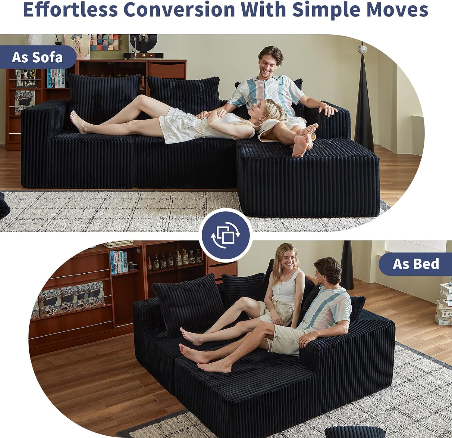 102' Black Couch for Living Room,Boneless Couch No Assembly Required,Comfy Couches with Oversized Chaise,Compressed Sofa for Any Room,Modern Sofa-Corduroy