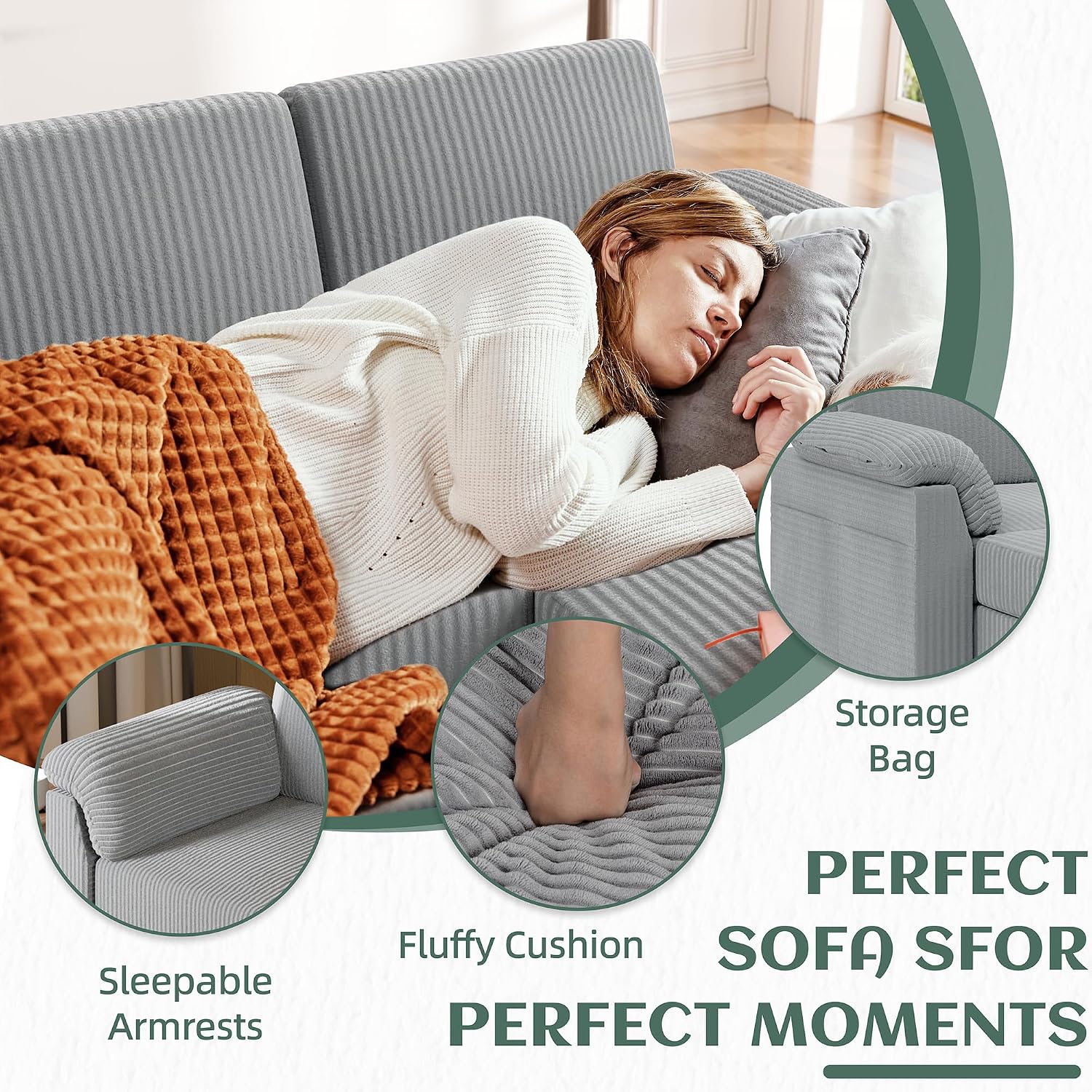 Vongrasig 79' Convertible Sectional Couch Sofa with Storage Ottoman, 3 Seat L Shaped Couch with Side Storage Pockage, Small Couches for Living Room, Apartment and Small Space (Light Grey)