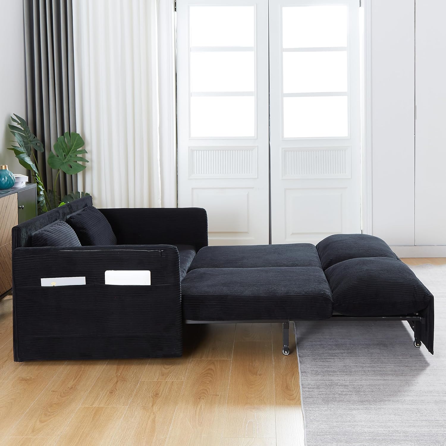 Eafurn 3 in 1 Convertible Pull Out Sleeper Sofa Couch Bed Queen Size, Corduroy Pullout Lounge Loveseat RV Sofa&Couches Sofabed with Soft Pillows Armrest,Side Pockers for Living Room Apartment