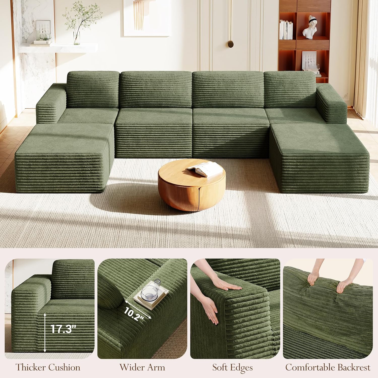 Vesgantti 159' Large Modular Sectional Sofa, U-Shaped Corduroy Cloud Couch with Deep Seats & Spring Support, 4-Seater Boneless Sofa with 2 Movable Ottomans, No Assembly Needed, Green