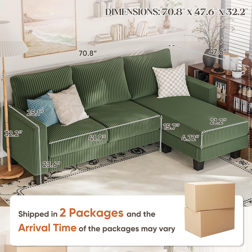 YESHOMY Convertible Sectional Couch, Couches with Mobile Ottoman, Small Sofa L-Shaped 3 Seater with Corduroy Fabric for Living Room, Apartment and Office, 70', Olive Green