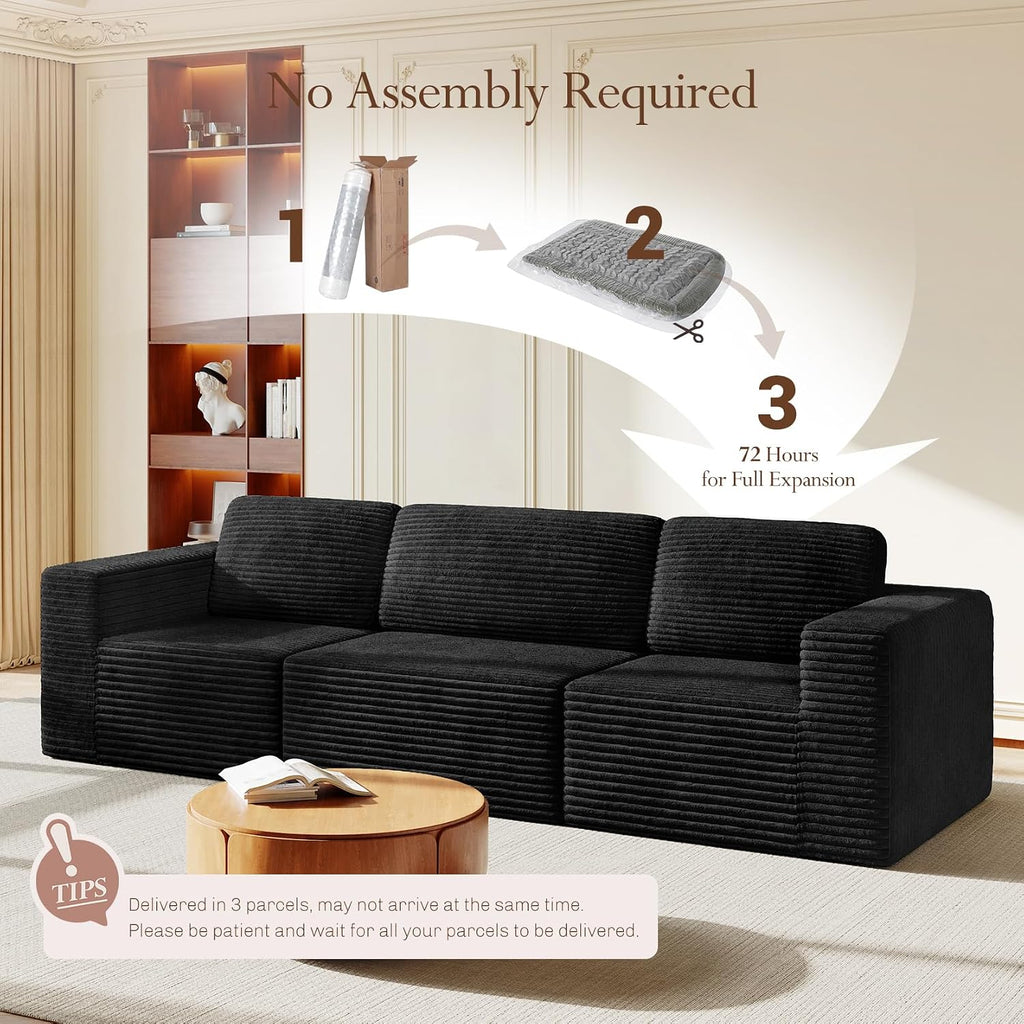 Vesgantti 119' Modular Sectional Sofa, Corduroy Cloud Couch with Deep Seating & Spring Support, 3 Seater Flexible Layout Sofa, Boneless Couch for Living Room & Apartment, No Assembly Required, Black