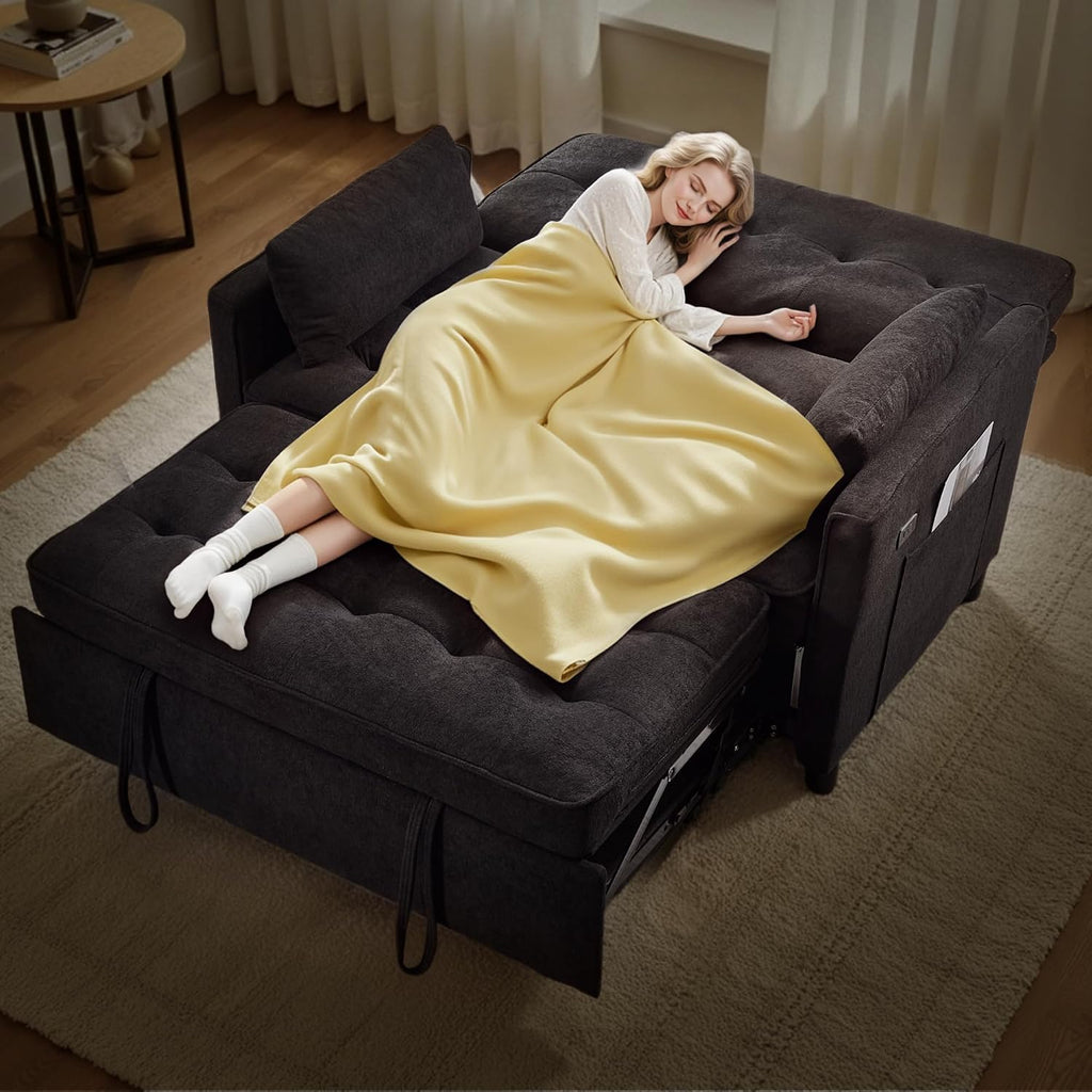Convertible Sofa Bed, 3 in 1 Pull Out Couch, Loveseat Sleeper with Adjustable Backrest, Living Room Sofa with Two Pillows | Side Pocket | Fabric | USB Charging Port | Midnight Black