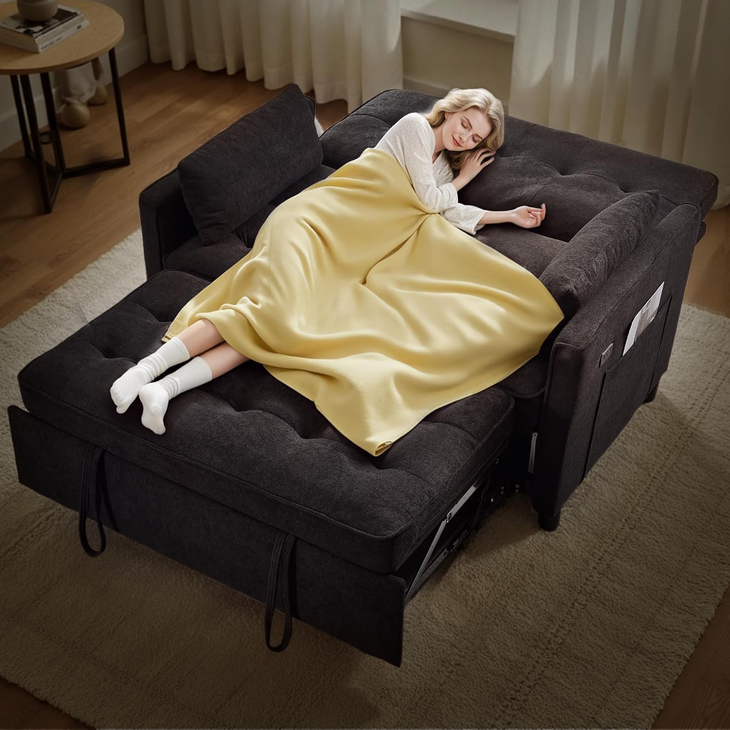 Convertible Sofa Bed, 3 in 1 Pull Out Couch, Loveseat Sleeper with Adjustable Backrest, Living Room Sofa with Two Pillows | Side Pocket | Fabric | USB Charging Port | Midnight Black
