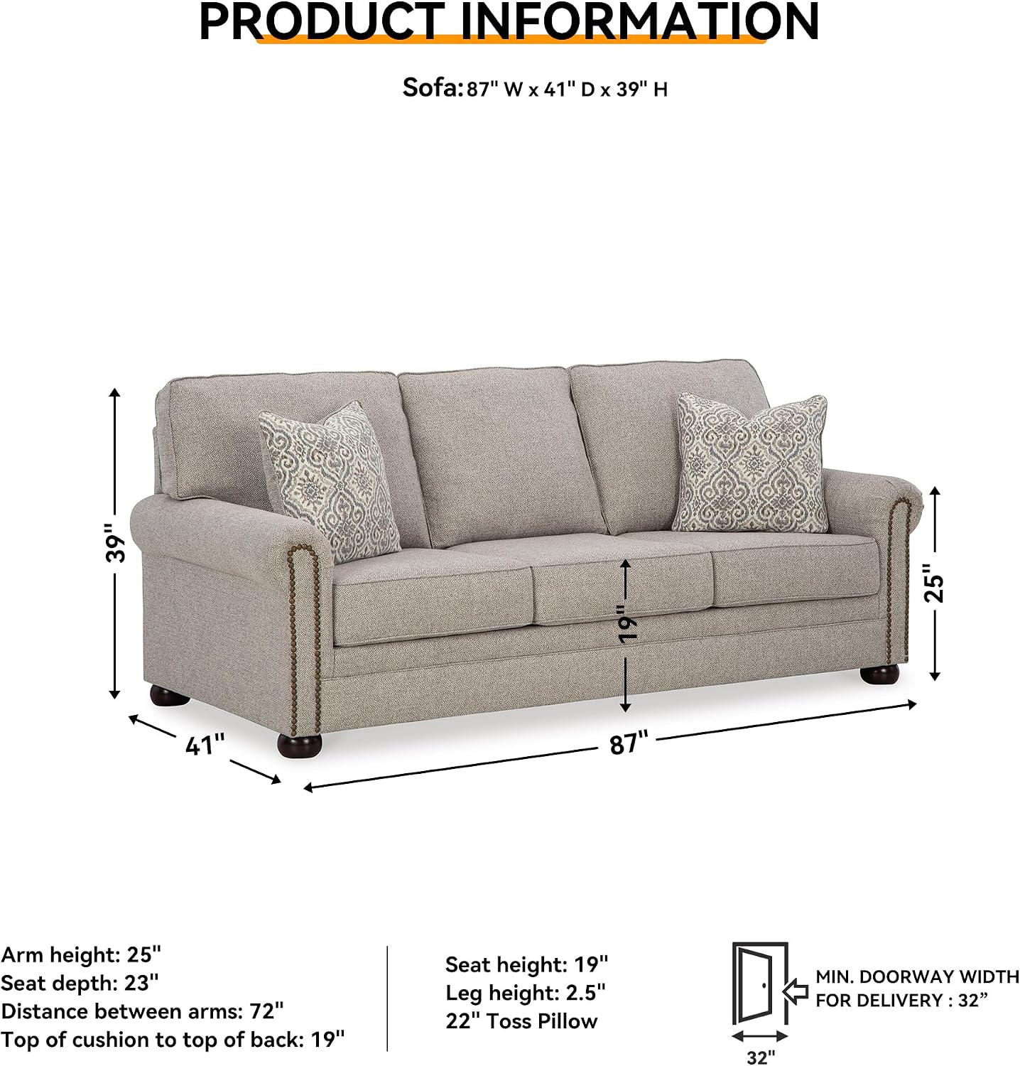 Signature Design by Ashley Gaelon Transitional Sofa with Nailheads and 2 Accent Pillows, Beige