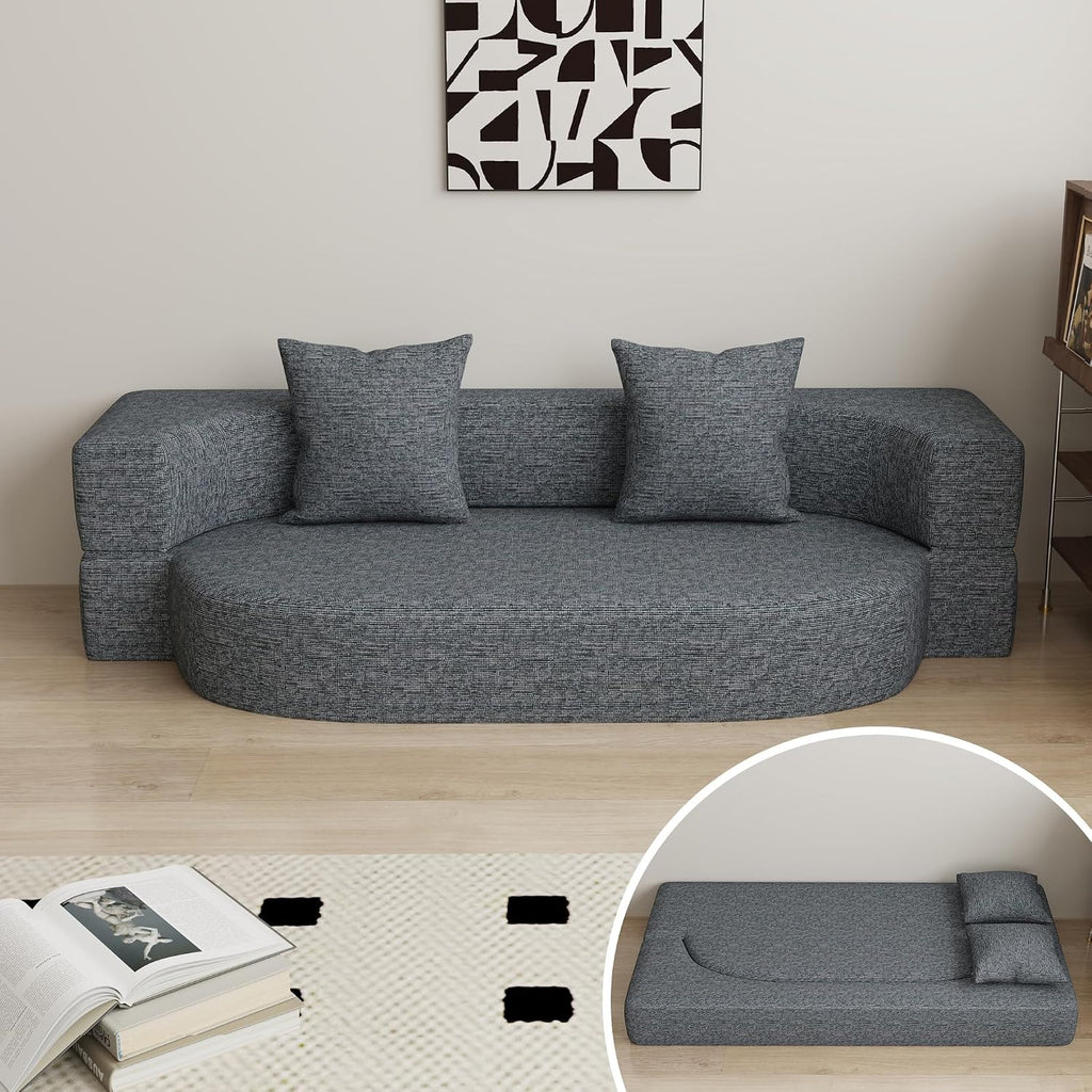 HENGJIANYI Folding Sofa Bed, Convertible Futon Sleeper Bed, 2-in-1 Foldable Floor Mattress with 2 Pillows, Breathable High-Density Foam Lazy Couch, Twin Size Comfy Lounge Chair, Dark Gray