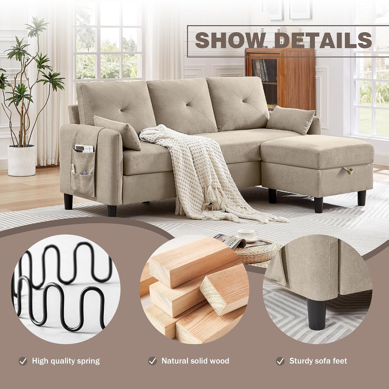 Convertible Sectional Sofa, 77' Small L Shaped 3 Seat Couch with Reversible Storage Chaise, Modern Polyester Fabric Sofa Couches for Living Room, Apartment and Small Space, Beige