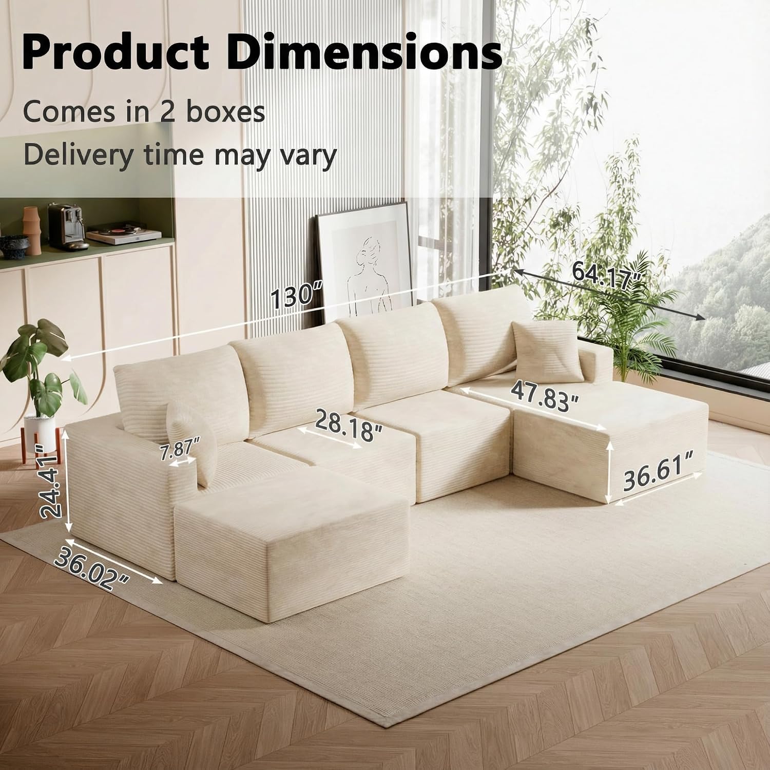 Homall 126' Sectional Couches for Living Room, Modern Fabric Boneless Couch with Deep Seat, Upholstered Cloud Sofa with 2 Ottoman, No Assembly Required (Beige, U Shaped Sofa)