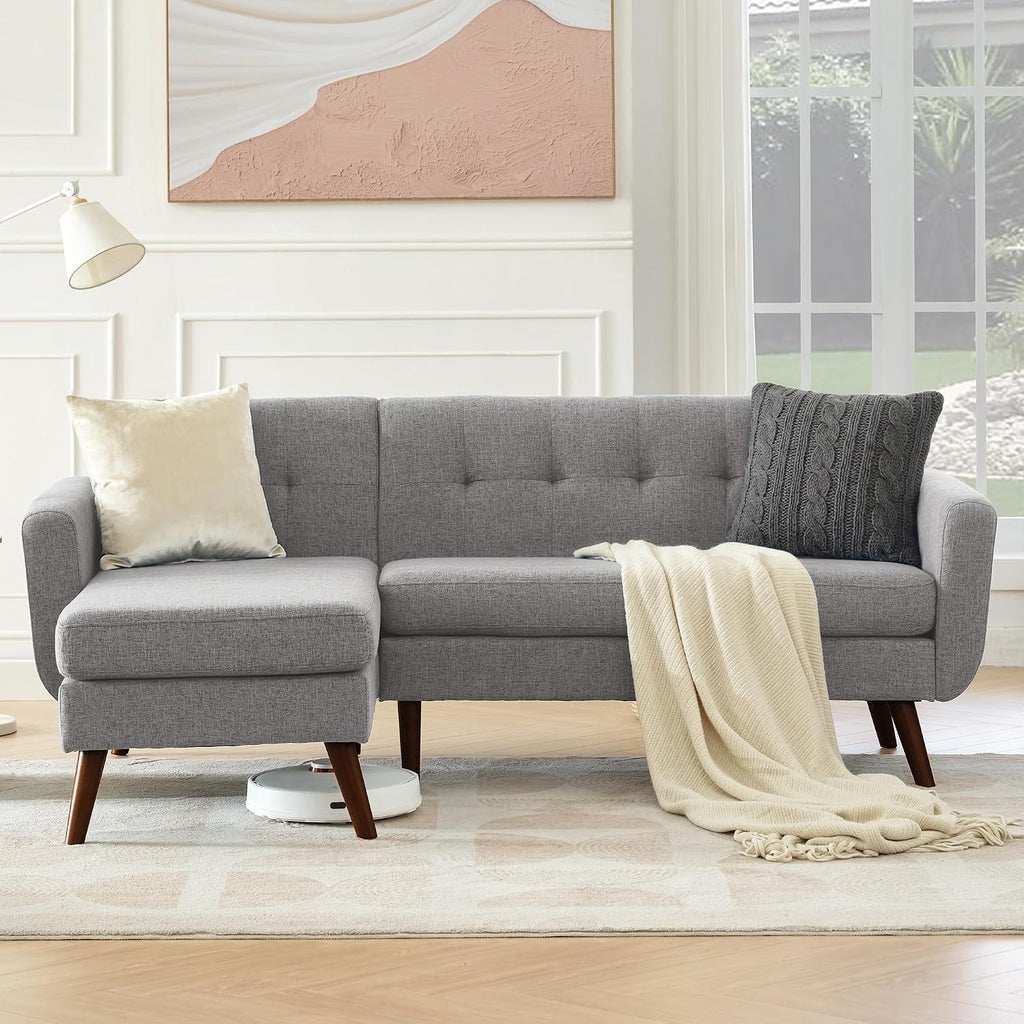 Tbfit L Shaped Couch Sofa, 80' W Mid-Century Modern Sectional Couches, 3 Seater Sofas with Wide Chaise Lounge, Button Tufted Upholstered Sectional Sofa for Living Room, Bedroom, Gray