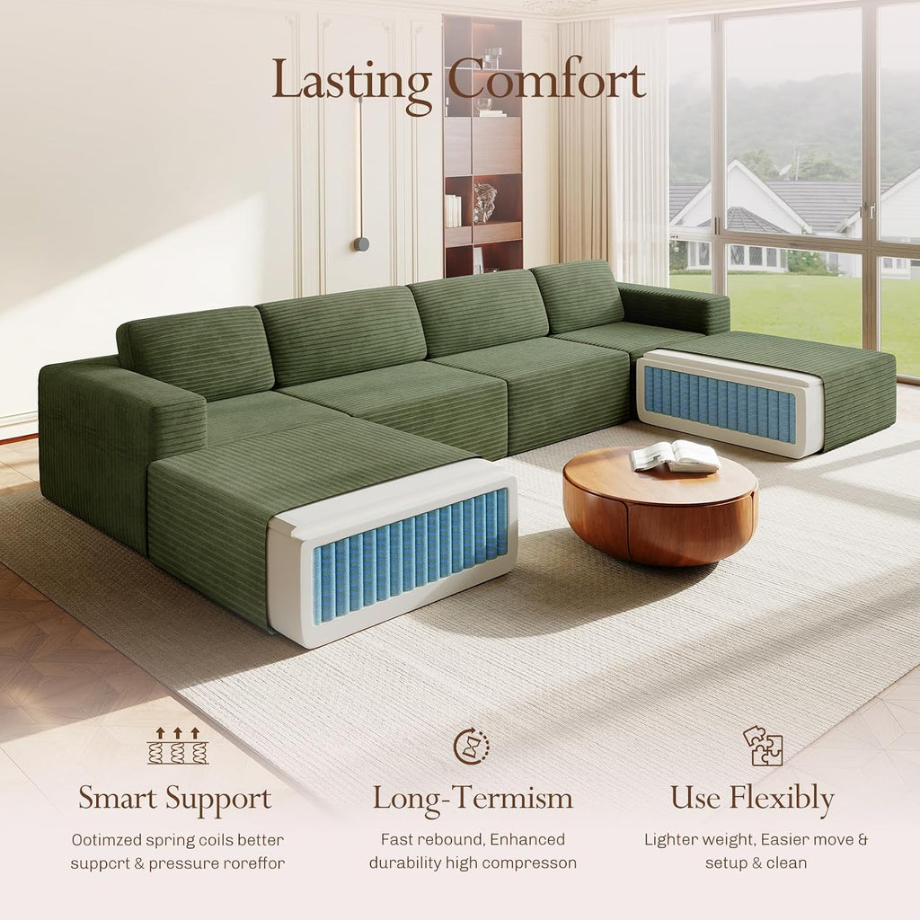 Vesgantti 159' Large Modular Sectional Sofa, U-Shaped Corduroy Cloud Couch with Deep Seats & Spring Support, 4-Seater Boneless Sofa with 2 Movable Ottomans, No Assembly Needed, Green
