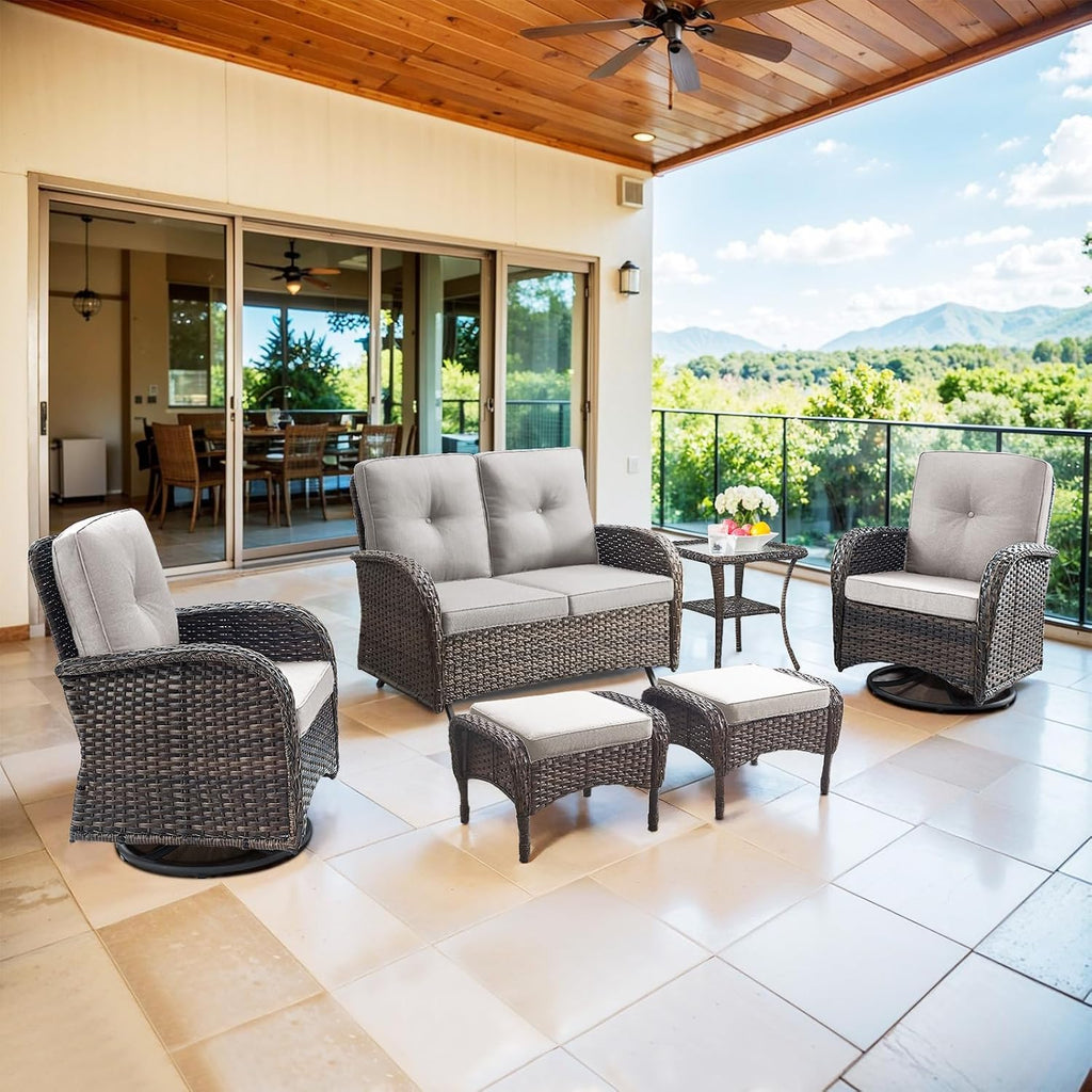 Belord 6 Pieces Wicker Patio Conversation Sets with Outdoor Swivel Rocker Chairs and Loveseat Glider Chair, All-Weather Rattan Furniture Set for Deck Patio Backyard Sunroom Brown