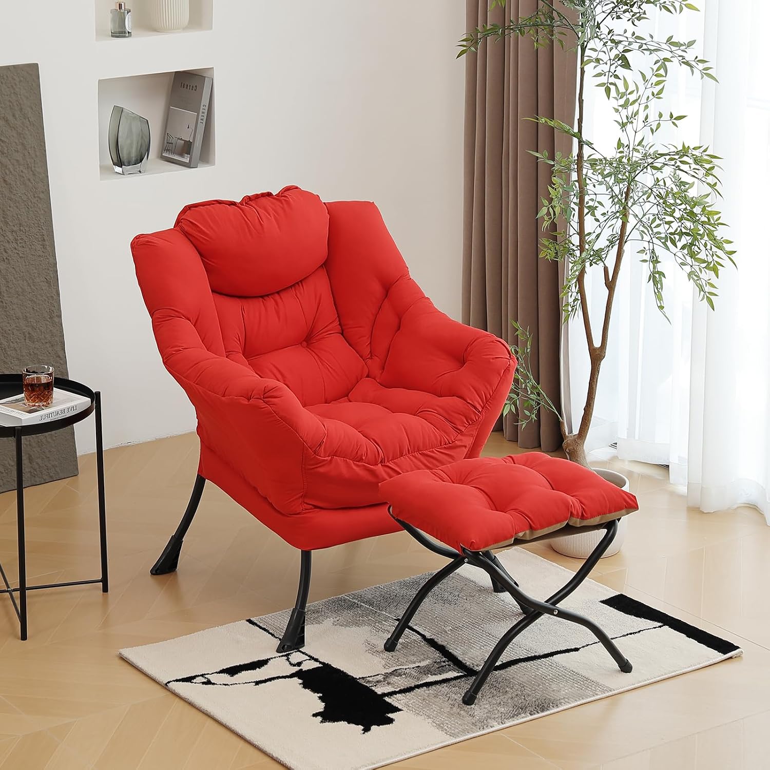 Furlide Lazy Chair with Ottoman, Modern Accent Chair with Armrests and a Side Pocket, Red Accent Chairs, Comfortable Reading Chairs, Oversized Armchairs for Bedroom, Study, Living Room, Courtyard