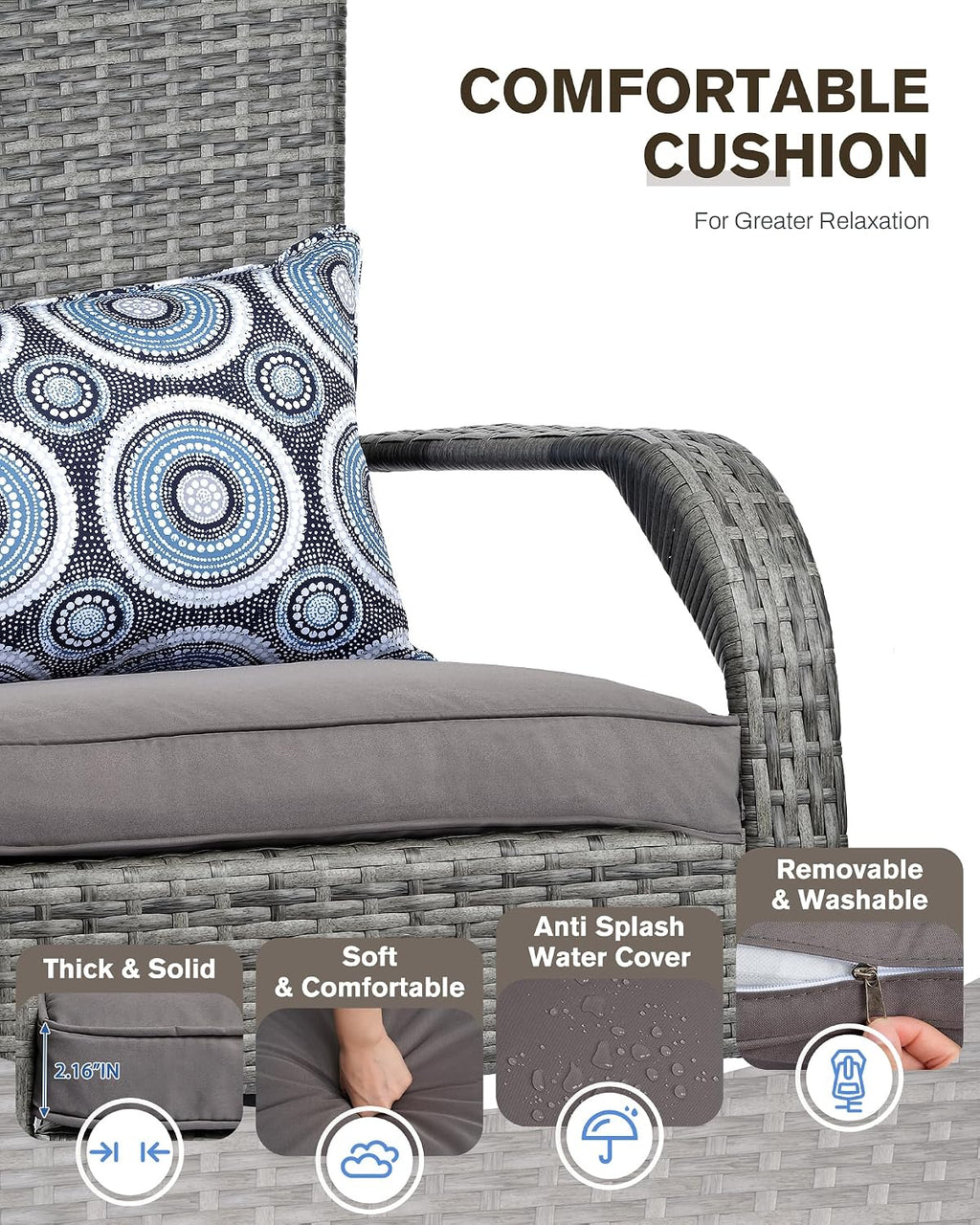 Outdoor Rocking Chairs Set of 2, Patio Rocker Chairs with Cushions & Steel Frame, All Weather Porch Rocking Chairs for Garden, Backyard, Poolside (Grey Rattan & Grey Cushion & Circle Pillow)