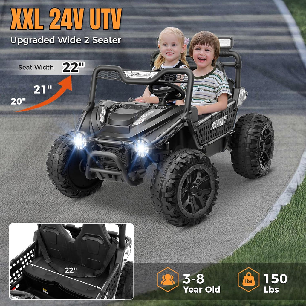 Hikole 24V Ride on Toy Car for Big Kids 4-8, XL Kids UTV 2 Seater with Remote Control, 22' Spacious Seat, MP3 & USB, 3 Speed, Storage, Electric Power Wheels for Boys Girls, Black