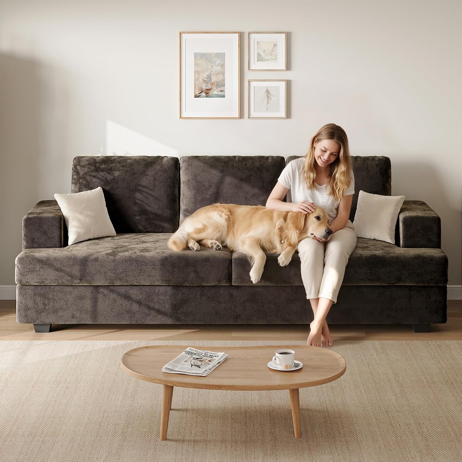 89' Brown Couches for Living Room, 3 Seater Couch with Deep Seat, Oversized Loveseat Sofa for Apartment and Small Spaces