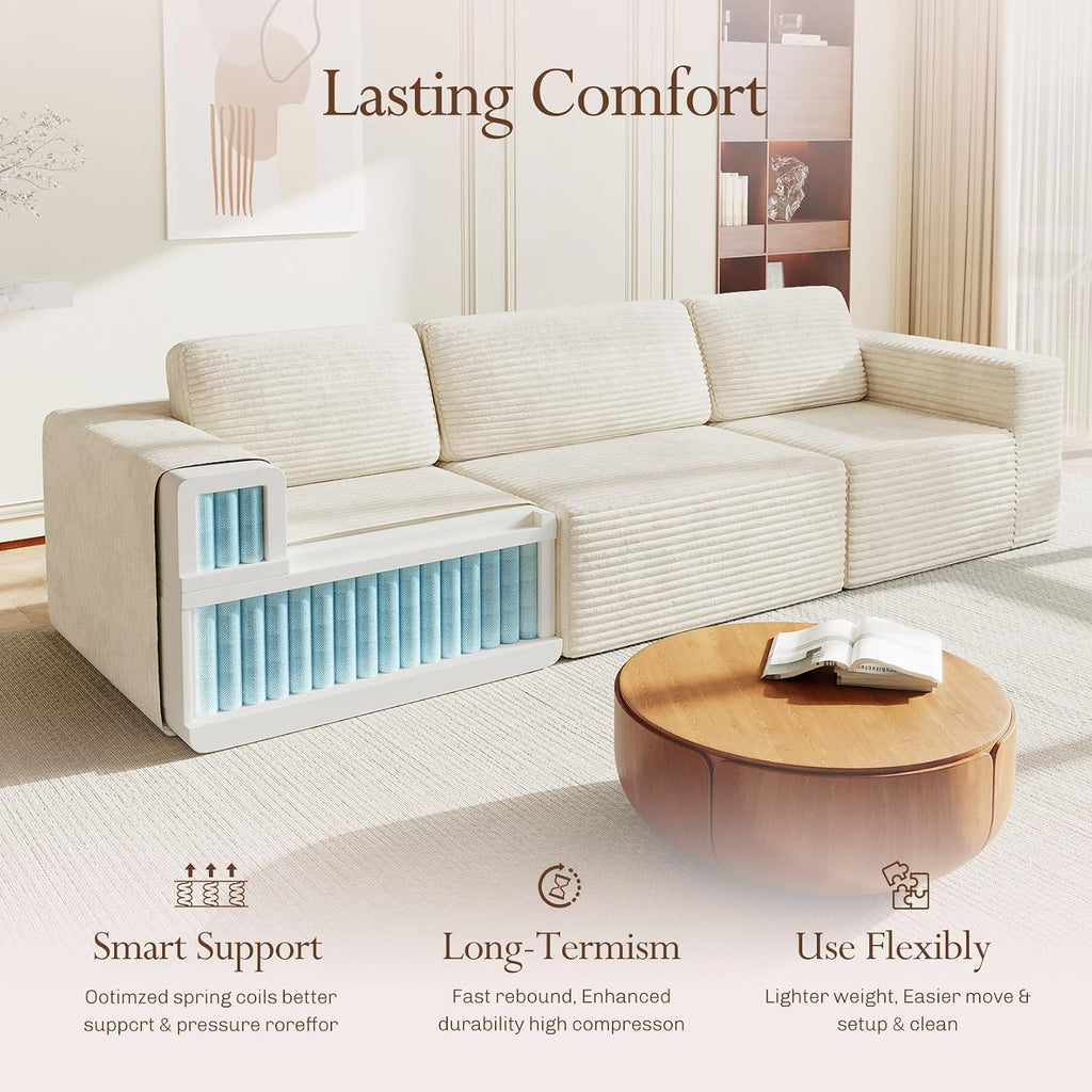 Vesgantti 119' Modular Sectional Sofa, Corduroy Cloud Couch with Deep Seating & Spring Support, 3 Seater Flexible Layout Sofa, Boneless Couch for Living Room & Apartment, No Assembly Required, Beige