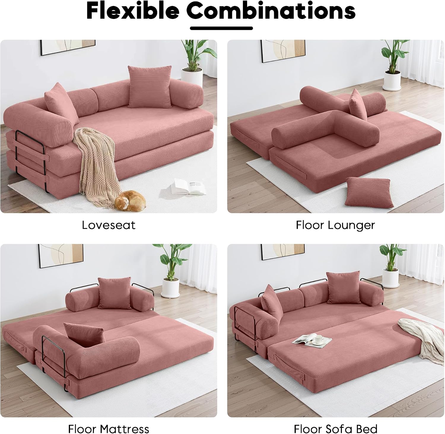 ZEIINPA 78.5 Inch Convertible Sleeper Sofa Bed, 5 in-1 Boneless Floor Couch Bed with Fixed-Shape Frame, Modular Futon Couch for Living Room, Apartments, RV Studio, Bedroom, Small Spaces, Pink