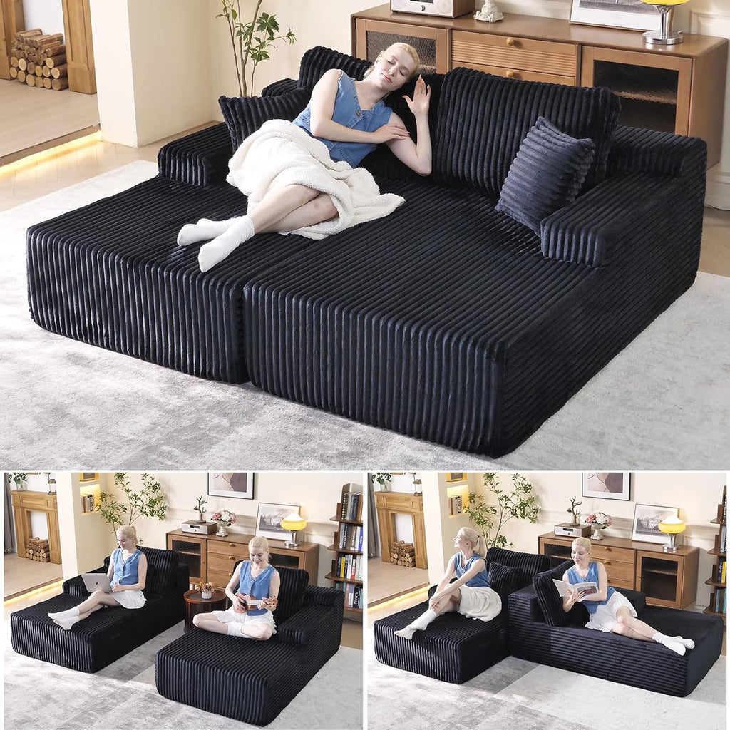 WHGBJA Oversized 79' Double Chaise Lounge Sofa Bed, Deep Seat Corduroy Cloud Loveseat Chair, No Assembly, Plush Upholstered Sleeper for Living Room or Bedroom (Dark Black)