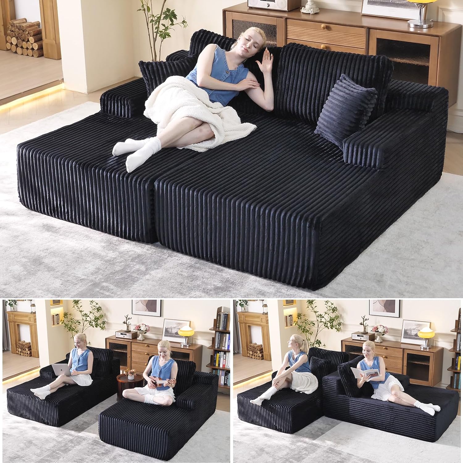 WHGBJA Oversized 79' Double Chaise Lounge Sofa Bed, Deep Seat Corduroy Cloud Loveseat Chair, No Assembly, Plush Upholstered Sleeper for Living Room or Bedroom (Dark Black)