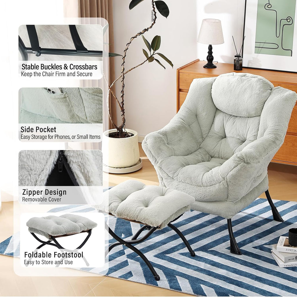 Furlide Lazy Chair with Ottoman, Modern Accent Chair with Armrests and a Side Pocket, Plush Green Accent Chairs, Reading Chairs, Oversized Armchairs for Bedroom, Study, Living Room, Courtyard