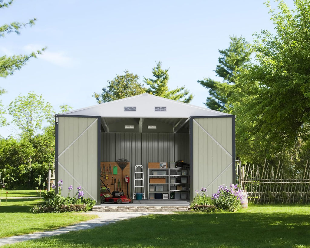 Greesum 10x10FT Outdoor Storage Shed, Utility Tool Shed Metal Storage Shed with Door & Lock for Patio Storage, Garden, Lawn, Gray