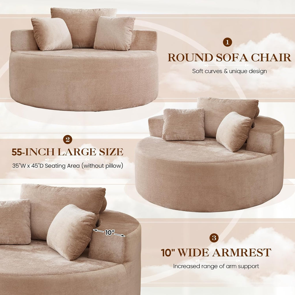 Antetek Oversized Round Chaise Longue Chair Indoor, Modern 55-inch Upholstered Terry Fabric Deep Seat Circle Single Cloud Floor Accent Chair for Living Room,Bedroom,Apartment, Camel