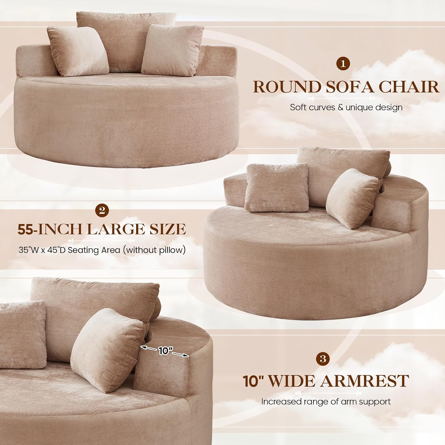 Antetek Oversized Round Chaise Longue Chair Indoor, Modern 55-inch Upholstered Terry Fabric Deep Seat Circle Single Cloud Floor Accent Chair for Living Room,Bedroom,Apartment, Camel